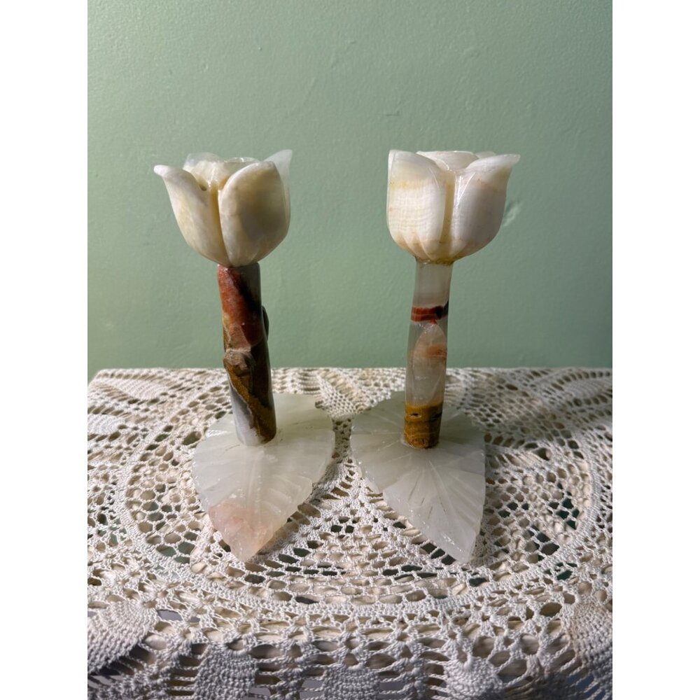Vintage MCM Carved Onyx Flower Candle Stick Holders - Picture 16 of 16